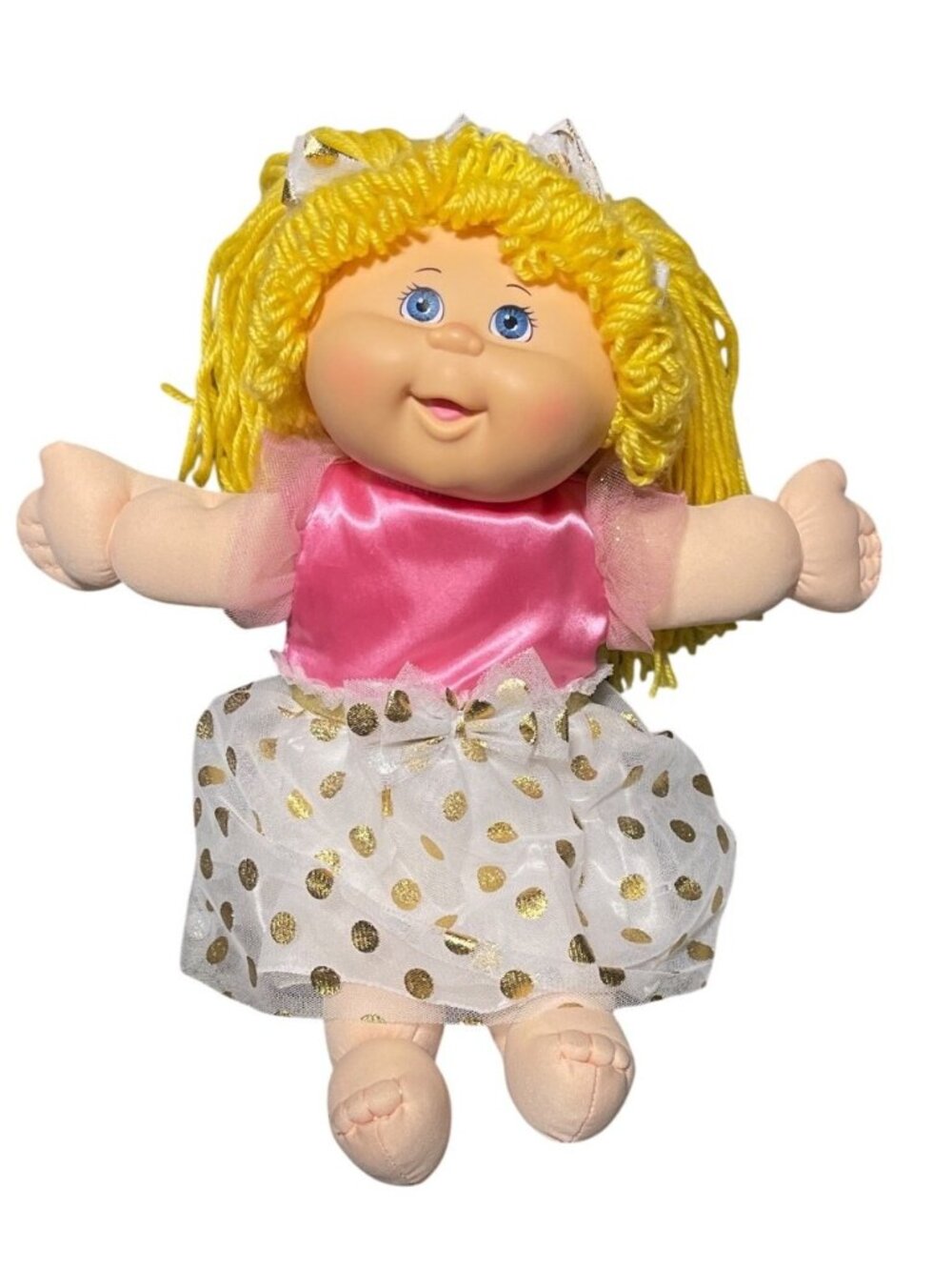 Cabbage Patch Kids Yellow Yarn Hair Doll In Pink & Gold Polka Dot Dress 2015